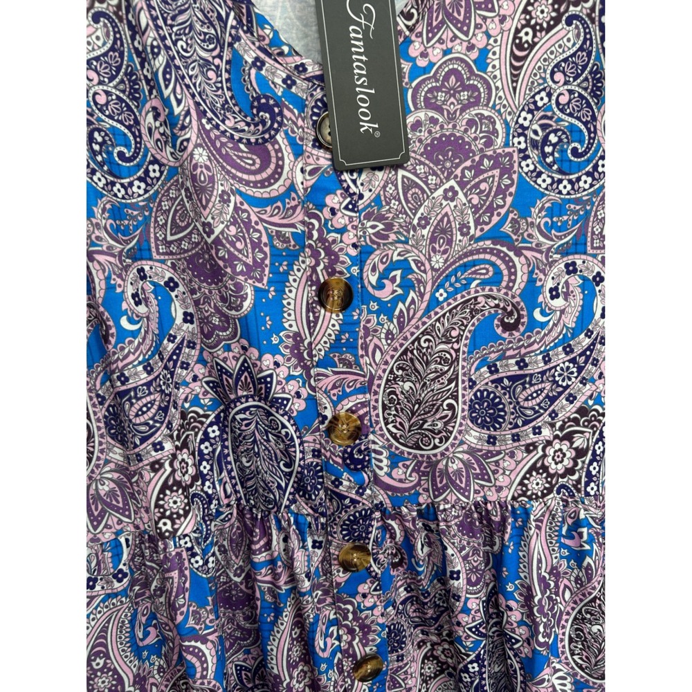 Fantaslook Paisley Mini Dress Womens L Blue Purple NWT Boho Button Front Flutter - Picture 3 of 5